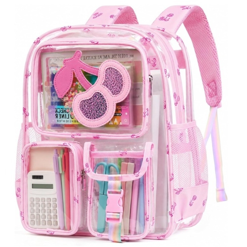 Clear Backpack Transparent School Bookbag Large Pink Cherry Glitter Heavy Duty